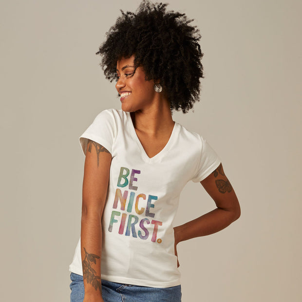 Women's V-neck T-shirt - Be Nice First