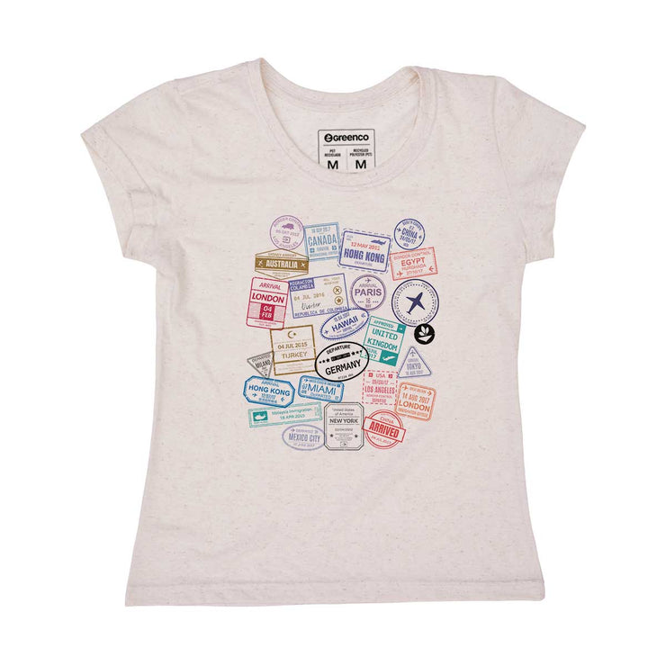 Recycled Polyester + Linen Women's T-shirt - Passport Stamps
