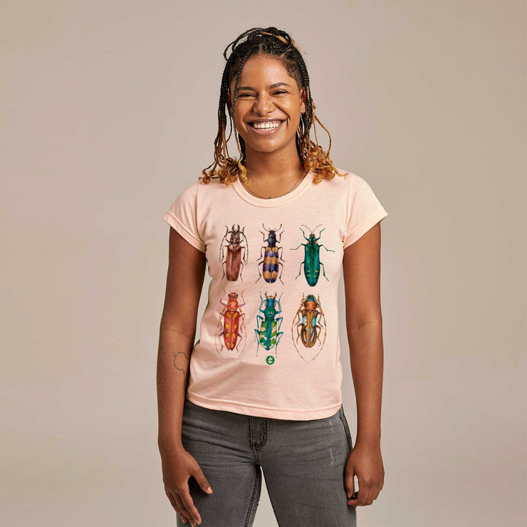 Recycled Polyester + Linen Women's T-shirt - Colored Beetles