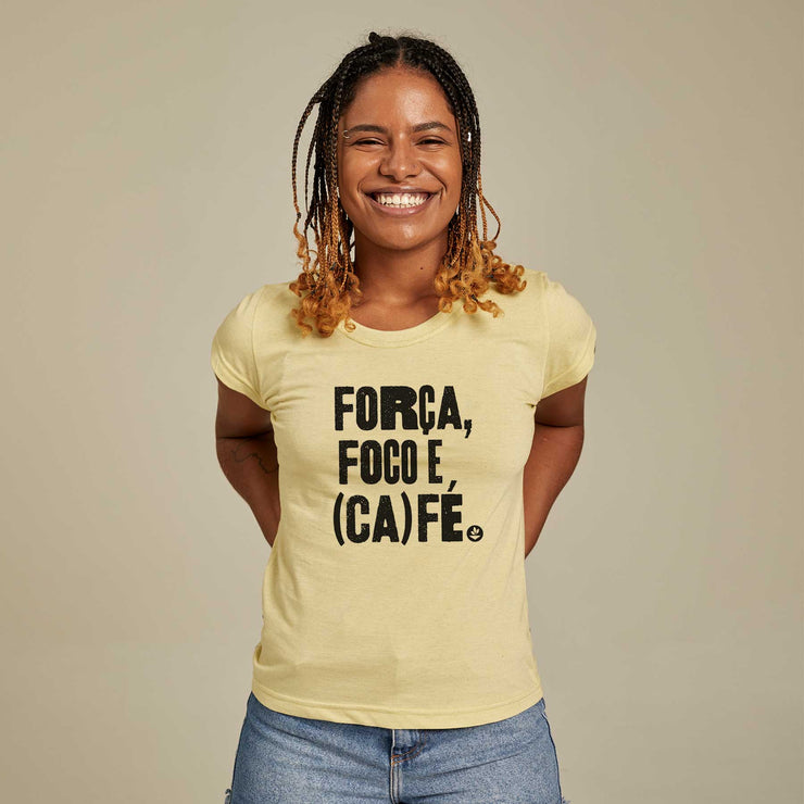 Recycled Polyester + Linen Women's T-shirt - Foco, Força e Café